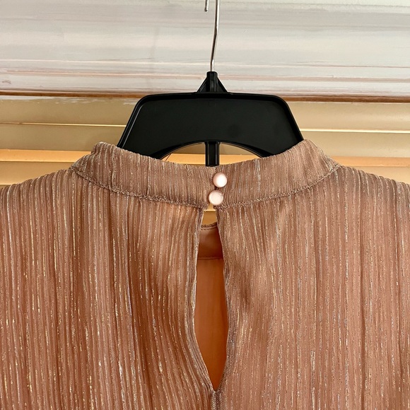 ELOQUII Neutral Gold-Threaded High-Neck Puff-Sleeve Gathered-Waist Dress - Picture 5 of 5